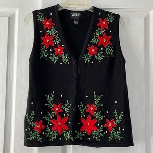 Designs Originals Studio Joy Sweater Vest Black with Red Poinsettias on